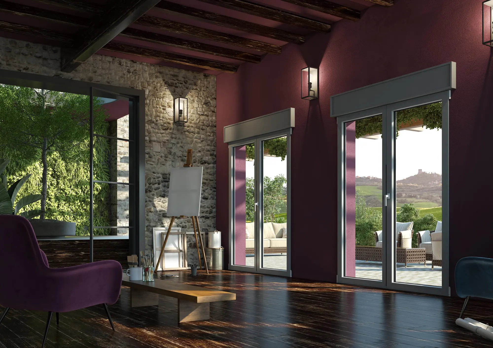 Due porte-finestra con cassonetto e una vetrata d'angolo, su una parete bordeaux