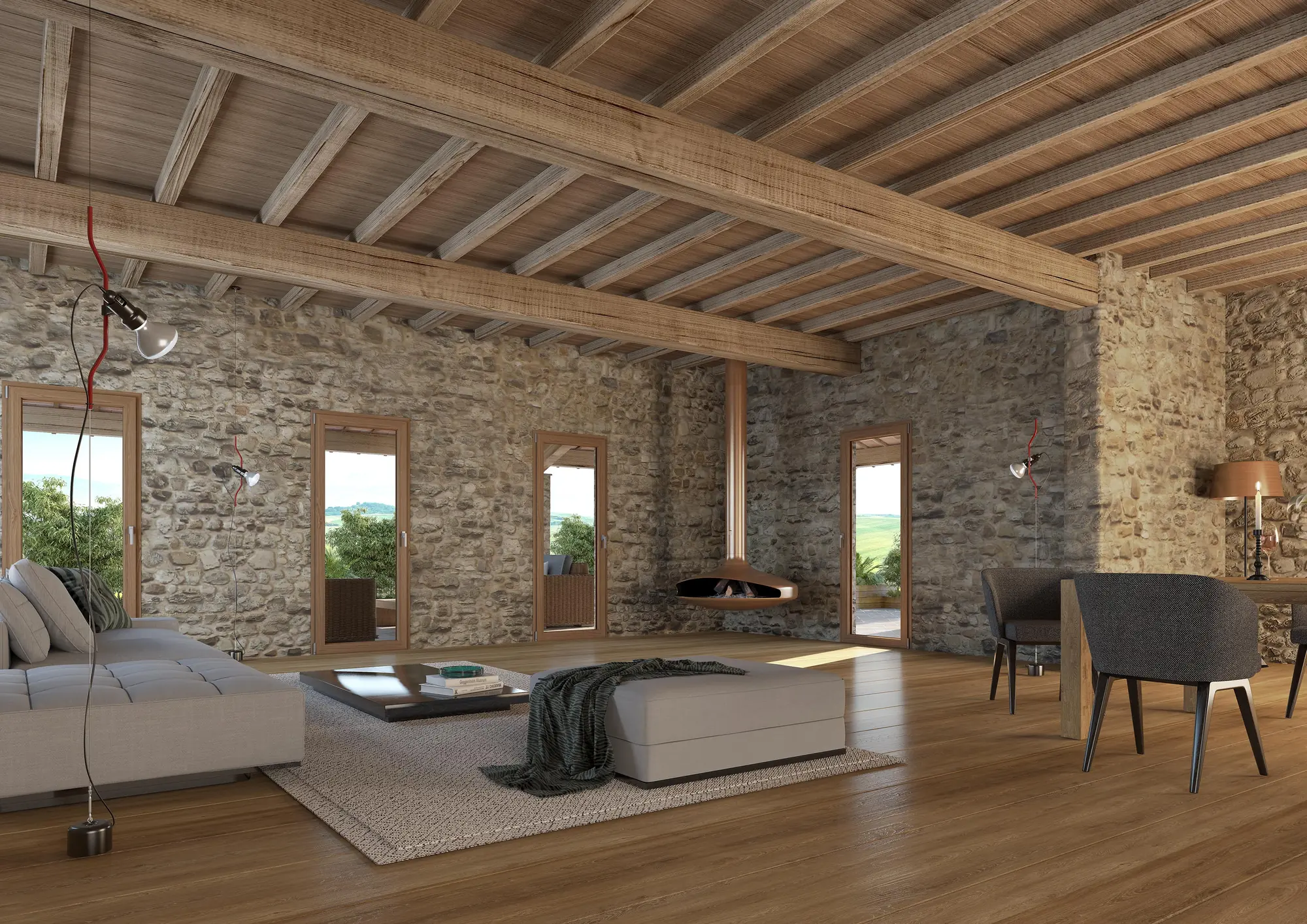 Porte-finestra in finitura legno chiara in un casale in pietra a vista