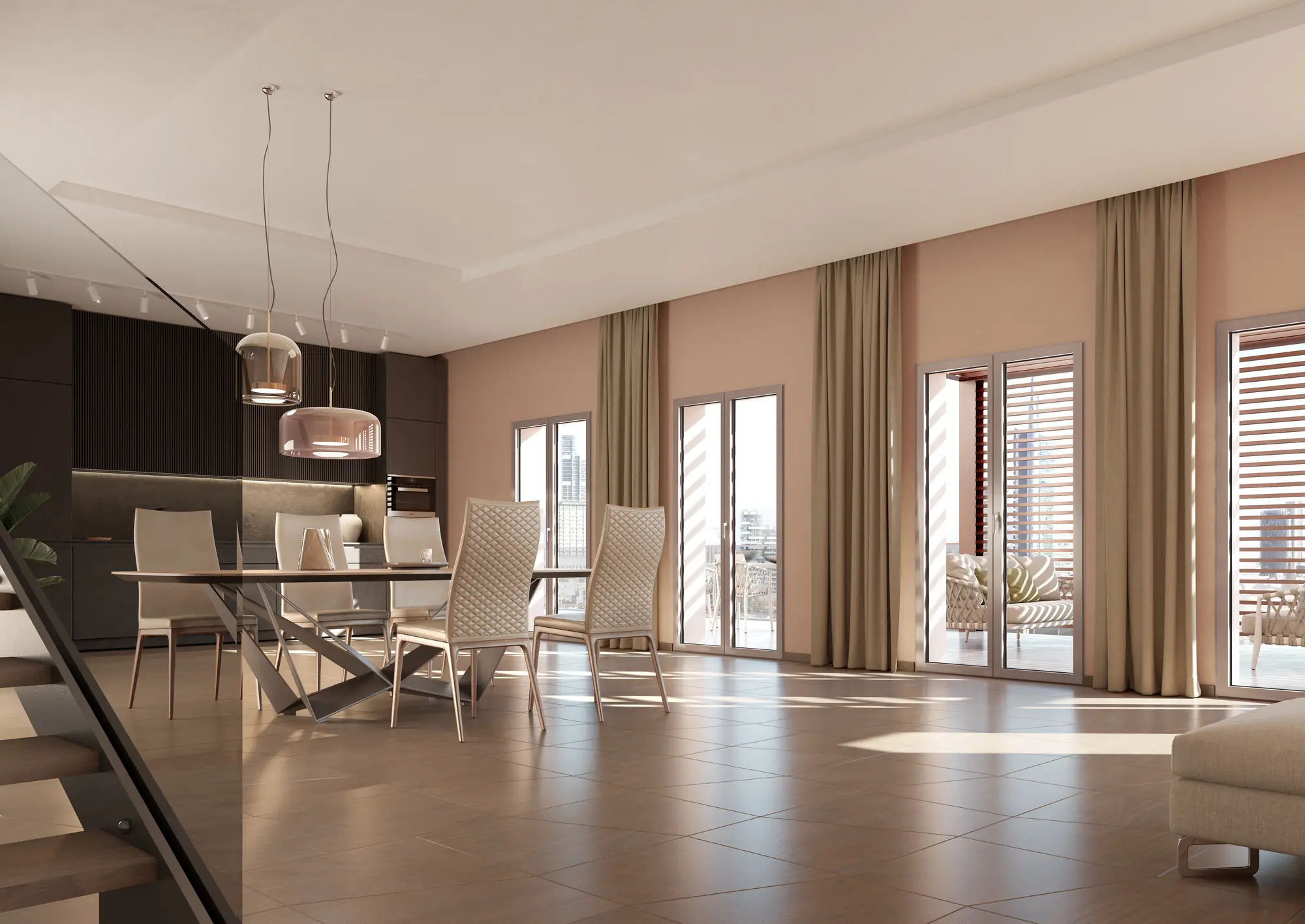 Porte-finestra color stone che aprono una zona pranzo su una terrazza urbana