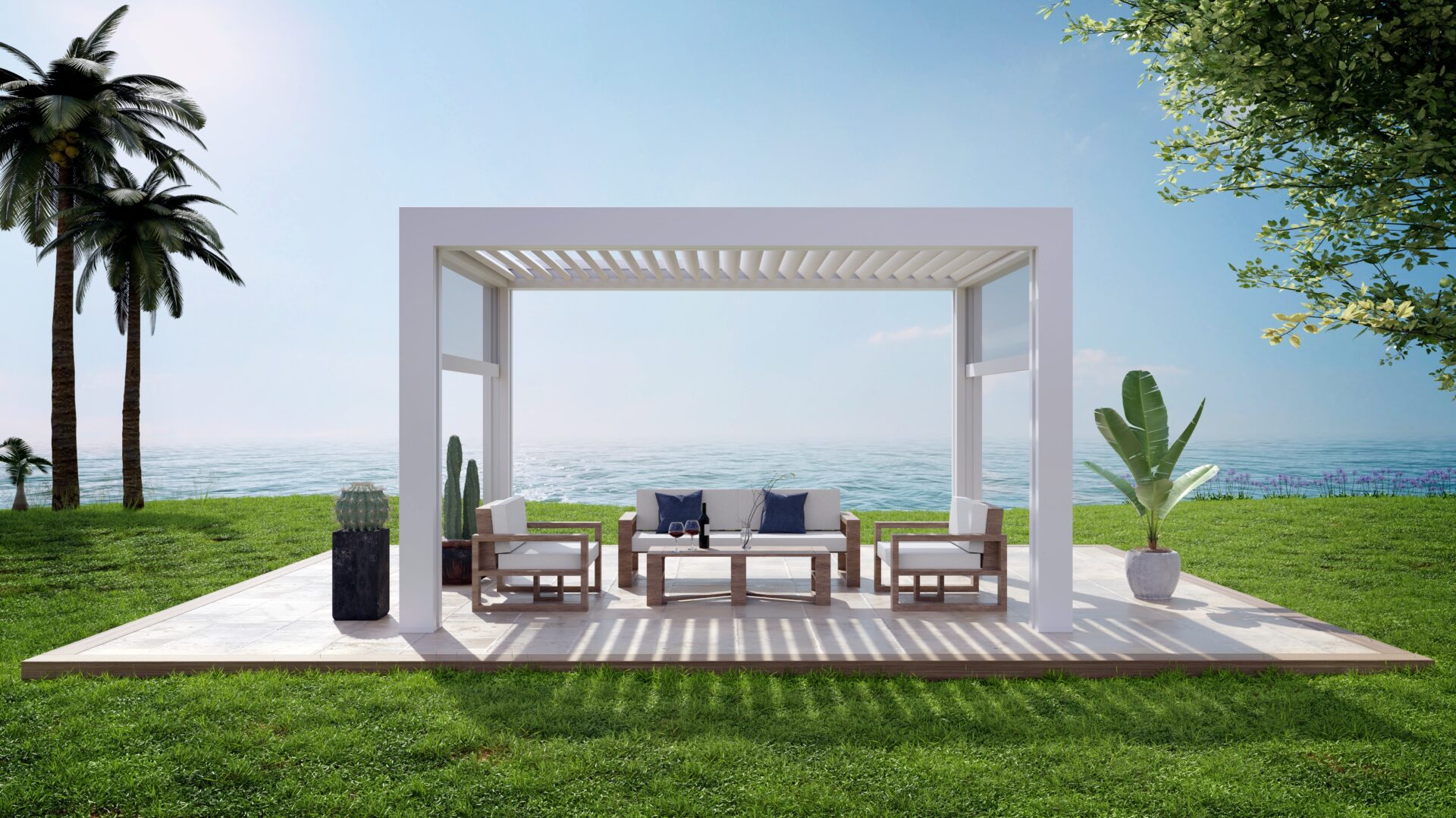 La stessa pergola con le lamelle chiuse e i lati aperti, su un prato